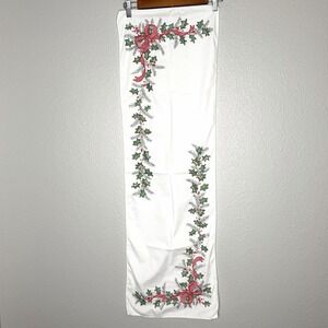 VTG Hand Cross Stitch Christmas Table Runner Holly Berries Ribbon Holiday 14x43